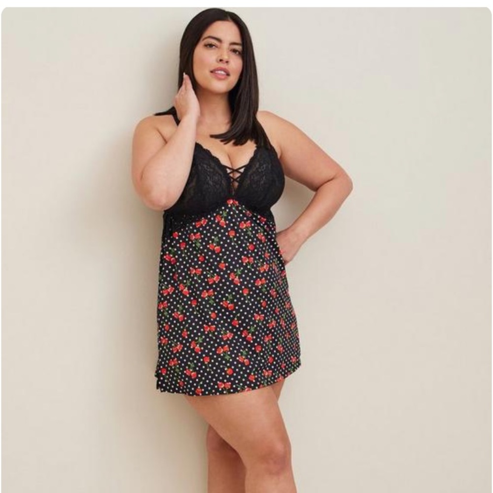 Retro Cherry Print Microfiber/Lace Wire Free Chemise